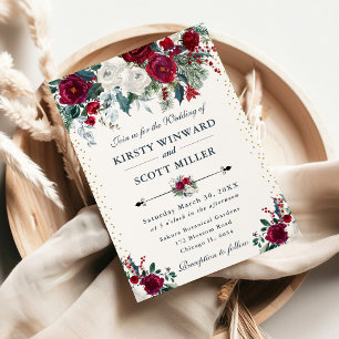 Invitation Mariage d'hiver élégant avec du bordeaux et des fl