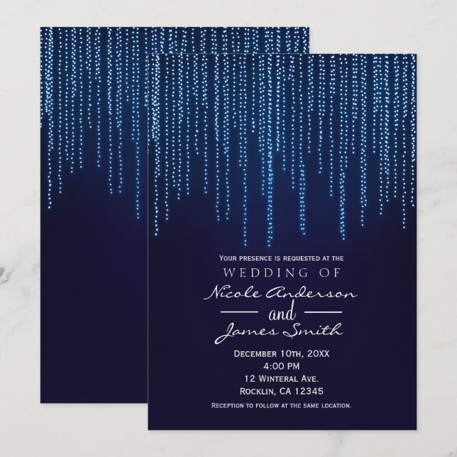 Invitation Mariage d'hiver élégant bleu scintillant guirlande (Devant / Derrière)