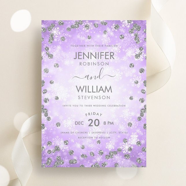 Invitation Mariage d'hiver élégant Festive violet argent (Festive Purple Silver Elegant Winter Wedding Invitation)