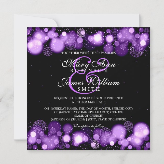 Invitation Mariage d'hiver élégant Lumières violettes (Devant)
