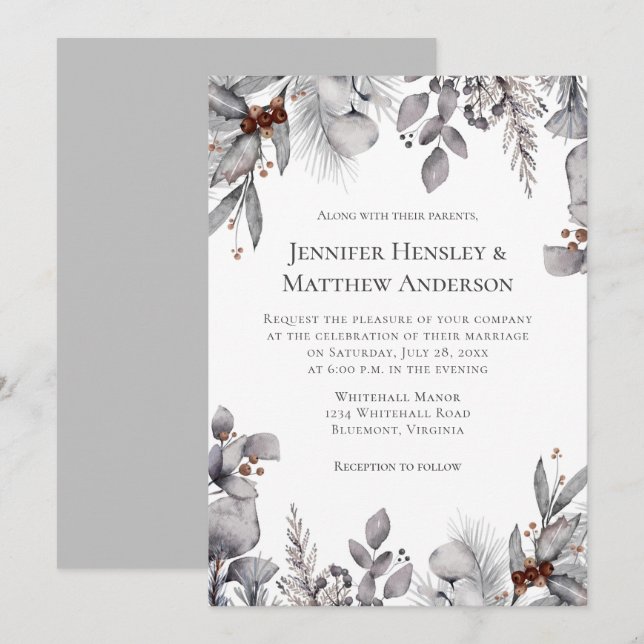 Invitation Mariage d'Hiver en Terracotta Gris Clair, Argenté (Devant / Derrière)