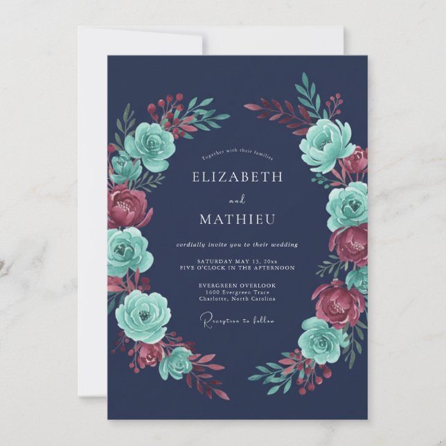 Invitation Mariage d'hiver enchanté bleu marine (Devant)