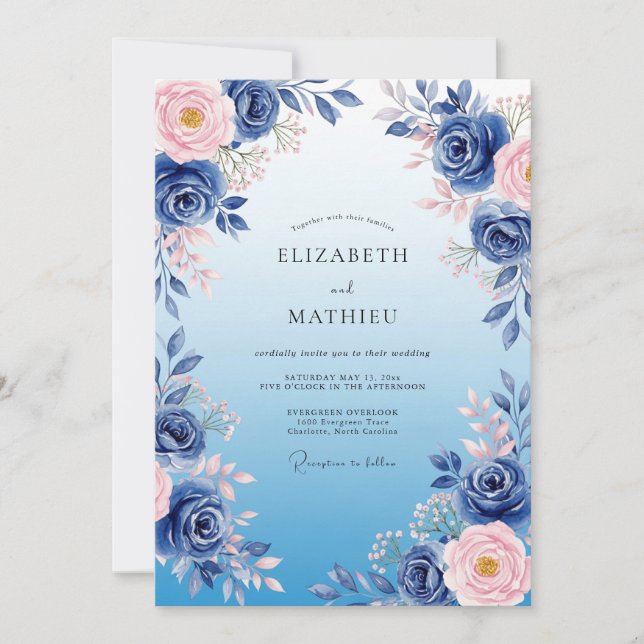 Invitation Mariage d'hiver éthéré bleu marine (Devant)