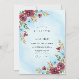 Invitation Mariage d'hiver exquis bleu clair et burgundy