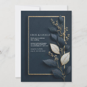 Invitation Mariage d'hiver feuille botanique bleu marine or
