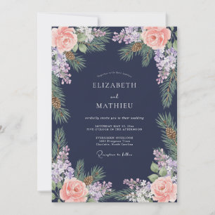 Invitation Mariage d'hiver floral au pin cône bleu marine