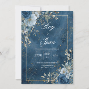Invitation Mariage d'hiver floral bleu marine et or