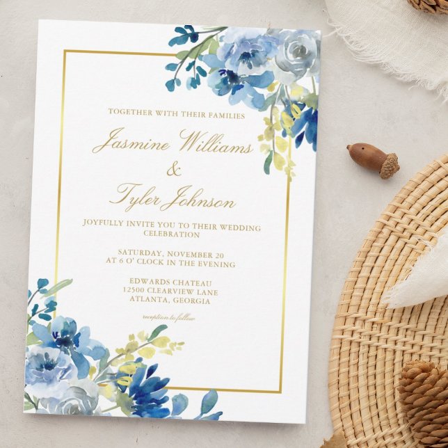 Invitation Mariage d'hiver Floral Élégant Or Bleu Soirée (Créateur téléchargé)