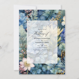 Invitation Mariage d'hiver floral en pin, laiton et bleu past