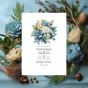 Invitation Mariage d'hiver floral en pin, laiton et bleu past