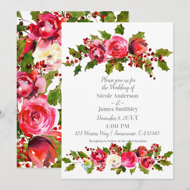 Invitation Mariage d'hiver Floral Holly Berry Feuilles (Devant / Derrière)