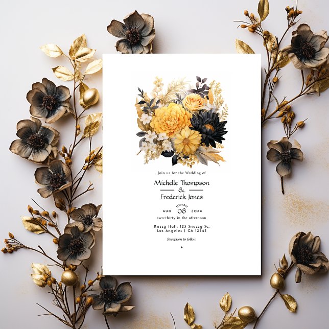 Invitation Mariage d'hiver floral noir et or (Créateur téléchargé)