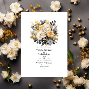 Invitation Mariage d'hiver floral or, noir et blanc