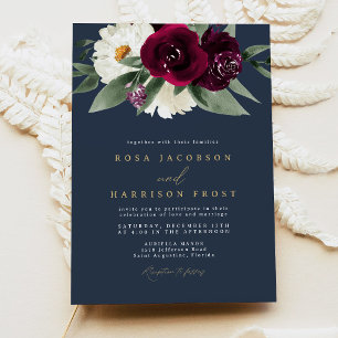Invitation Mariage d'hiver floral ROSA Bourgogne et marine