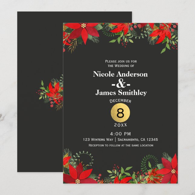Invitation Mariage d'hiver foncé Poinsettia + Vacances d'or (Devant / Derrière)
