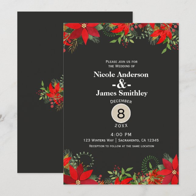 Invitation Mariage d'hiver foncé Rouge Poinsettia Fête Floral (Devant / Derrière)