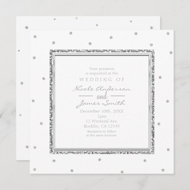 Invitation Mariage d'hiver Glam Argent & Points Blancs Fête (Devant / Derrière)
