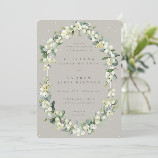 Invitation Mariage d'hiver Greige Snowberry+Eucalyptus (Debout devant)