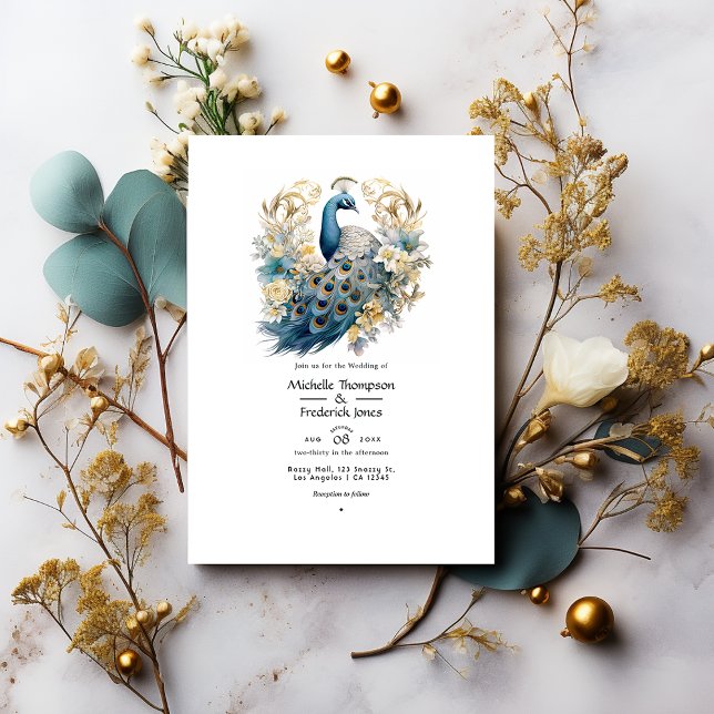 Invitation Mariage d'hiver gris, bleu paon et or floral (Créateur téléchargé)