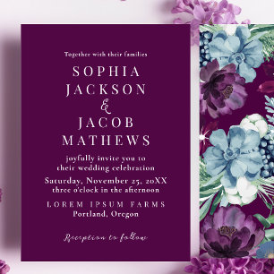 Invitation Mariage d'hiver Magenta à fleurs brillantes et aud