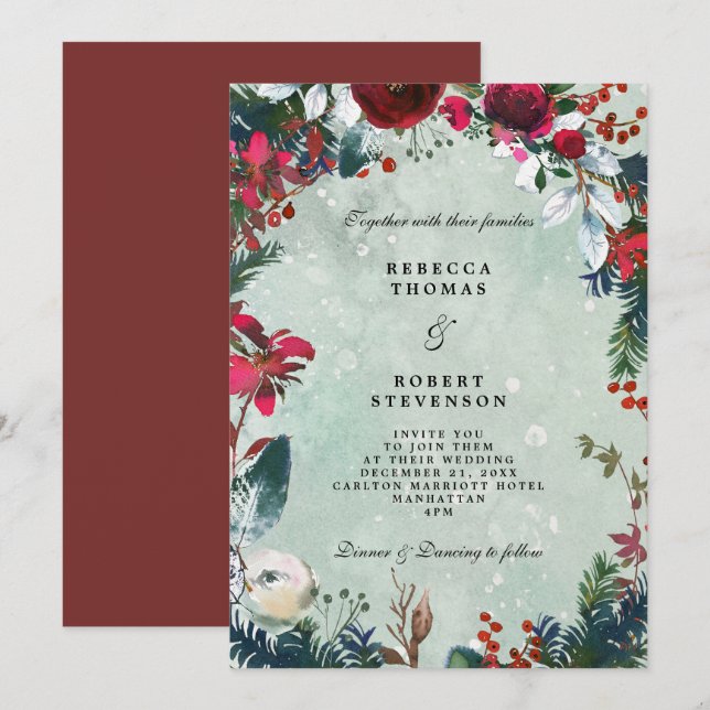 Invitation mariage d'hiver moderne fleurs rouges neige (Devant / Derrière)