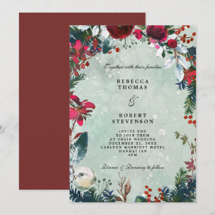 Invitation mariage d'hiver moderne neige rouge florale