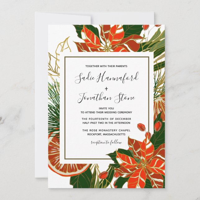 Invitation Mariage d'hiver moderne Poinsettia Citrus Gold (Devant)
