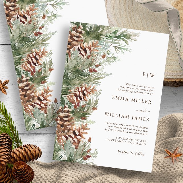 Invitation Mariage d'hiver monogramme (Monogrammed Outdoor Evergreen Pine White Wedding Invitation by Painted Paperie
)
