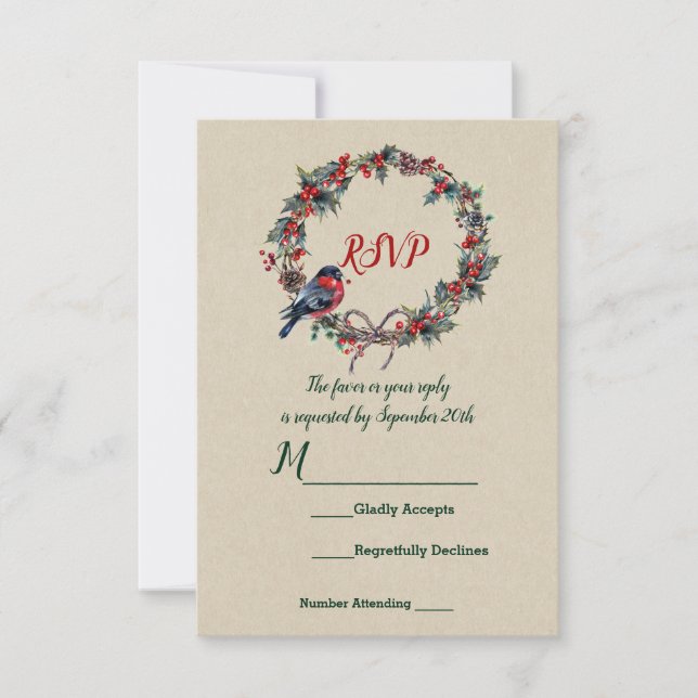 Invitation Mariage d'hiver Noël Holly Berry Bird (Devant)
