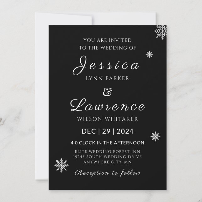 Invitation Mariage d'hiver noir et blanc moderne (Devant)