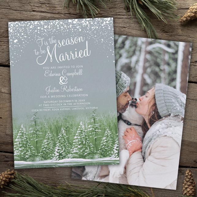 Invitation Mariage d'hiver pin lac gris vert photo d'art (Créateur téléchargé)