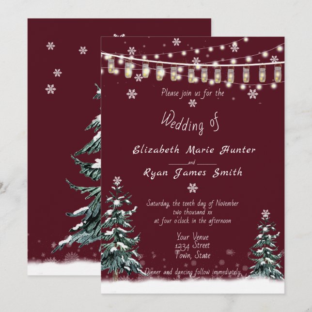 Invitation Mariage d'hiver Pins de Neige Arbres de Bourgogne  (Devant / Derrière)