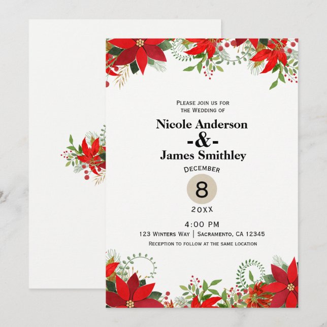 Invitation Mariage d'hiver Rouge & Blanc Poinsettia vacances (Devant / Derrière)