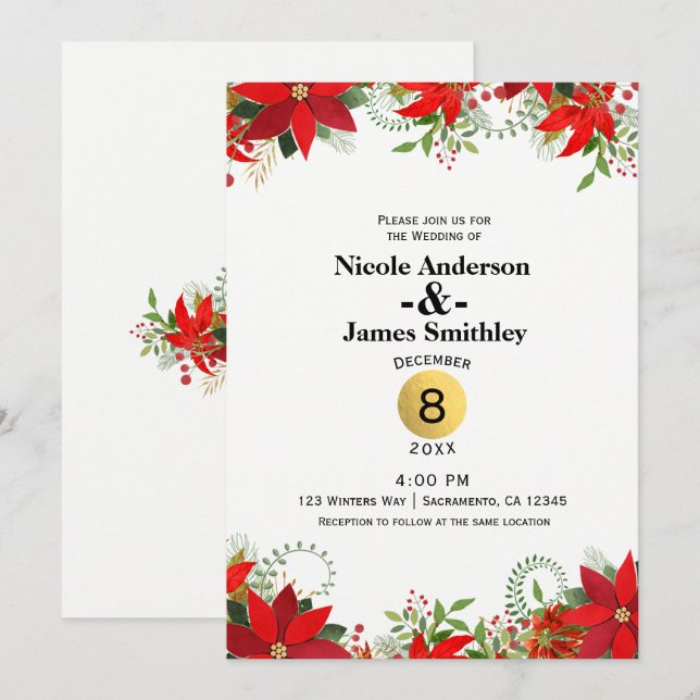 Invitation Mariage d'hiver Rouge & Blanc Poinsettia vacances (Devant / Derrière)
