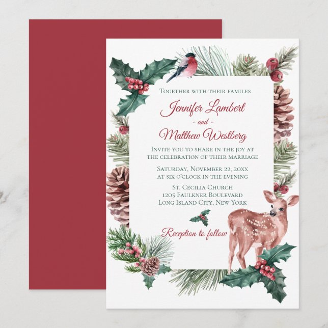 Invitation Mariage d'hiver Rouge rennes de Noël Cerf Floral (Devant / Derrière)