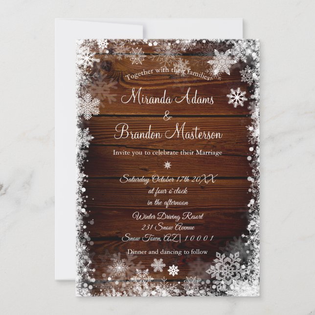 Invitation Mariage d'hiver rustique en bois et neige (Devant)