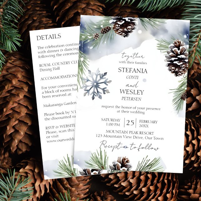 Invitation Mariage d'hiver tout en un modèle de pins enneigés (Winter wedding all in one editable template invitation digital download watercolor snowy pines grey)