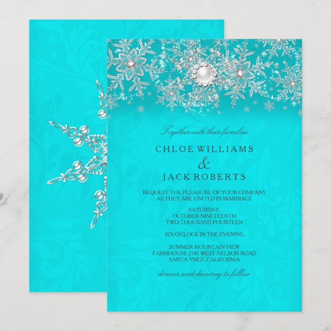 Invitation Mariage d'hiver Turquoise Crystal Pearl Flocon de  (Devant / Derrière)