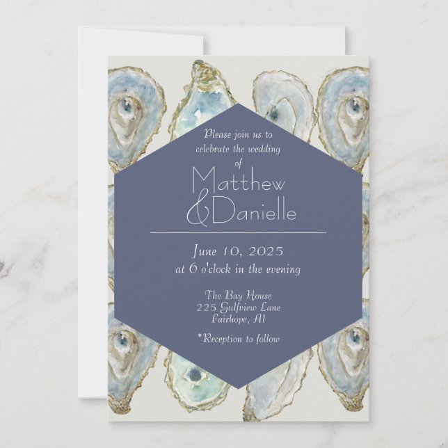 Invitation Mariage d'huîtres aquarelle - bleu-duché (Devant)