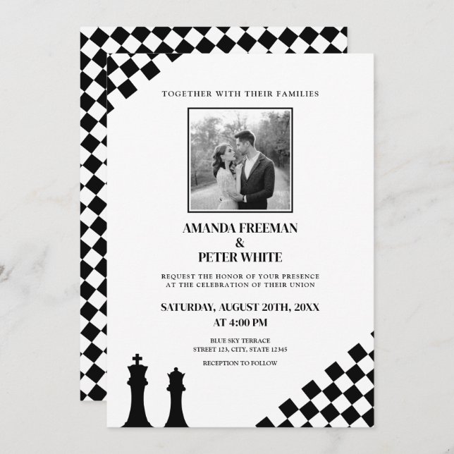 Invitation Mariage Diagonal Black Chess Bold Checkers (Devant / Derrière)