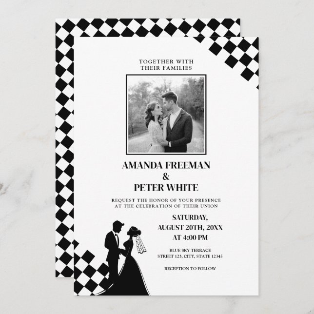 Invitation Mariage Diagonal Noir Silhouette Gras (Devant / Derrière)