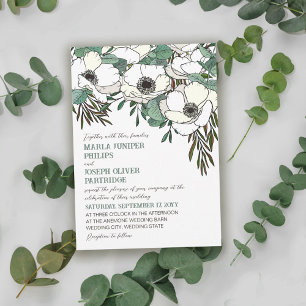 Invitation Mariage d'illustration blanc d'anémones Eucalyptus