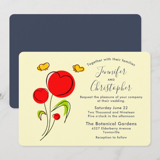 Invitation Mariage d'illustration de fleurs de coeur rouge mi (Devant / Derrière)