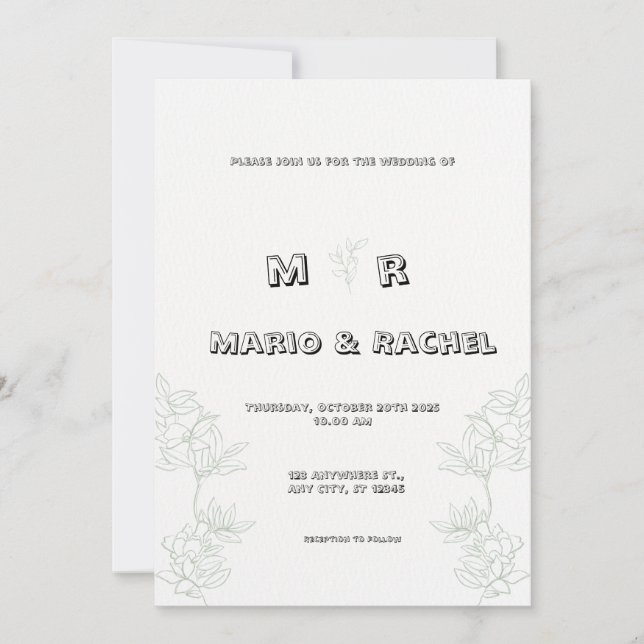 Invitation Mariage d'illustration florale simple en noir et b (Devant)