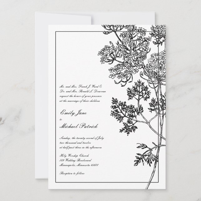 Invitation Mariage d'illustrations botaniques en noir et blan (Devant)