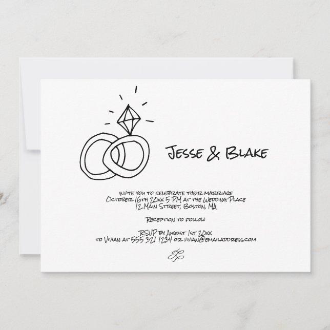 Invitation Mariage d'illustrations de Doodle en noir et blanc (Devant)