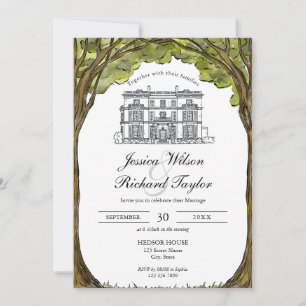 Invitation Mariage d'illustrations du manoir de lieu dessiné
