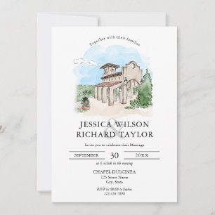 Invitation Mariage d'illustrations du manoir de lieu dessiné