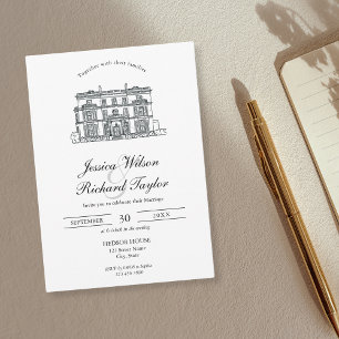 Invitation Mariage d'illustrations du manoir de lieu dessiné 