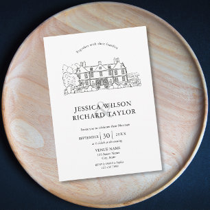 Invitation Mariage d'illustrations du manoir de lieu dessiné 